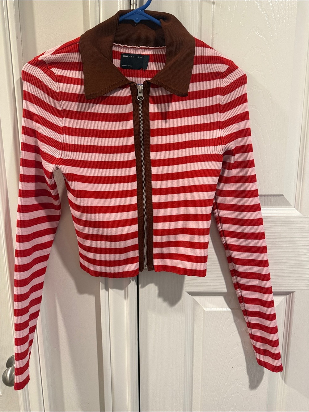 ASOS Red and White Striped Zip-Front Cropped Sweater with Brown Collar